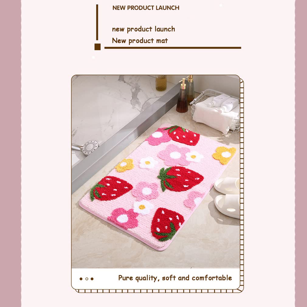 Liketn Soft Cozy Strawberry Bathroom Rugs Cute Bath Mat Doormat Non Slip Washable Shaggy Bedroom Runner Rug Funny Flower Absorbe