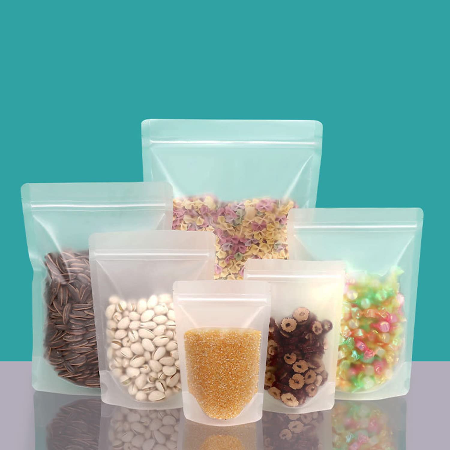 50 Pack Matte Frosted Clear Zipper Food Bags, Stand Up Pouch Bag Resealable Stand Up Candy Bags, Snack Food Tea Packing Dried Fr