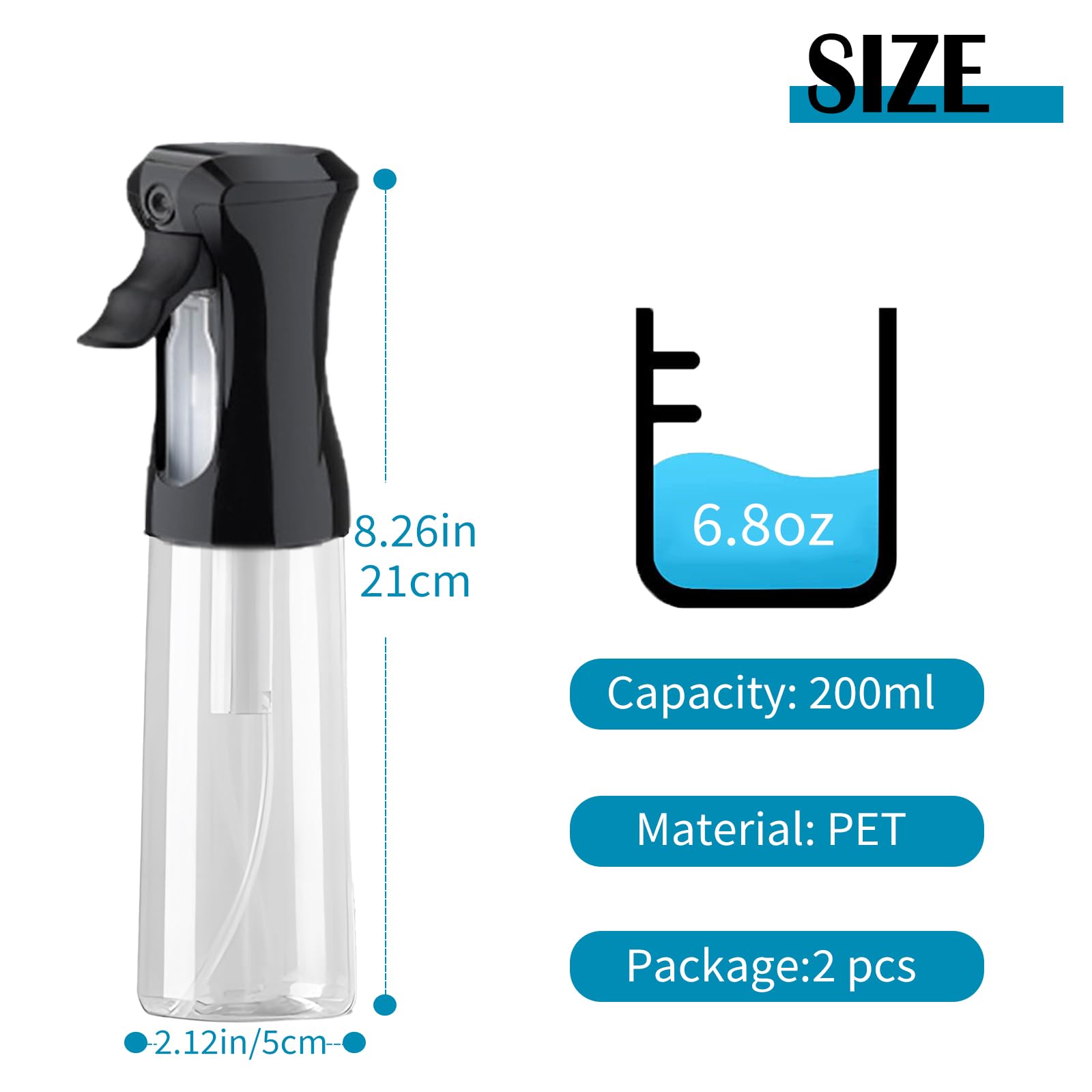 2 Pack Continuous Spray Bottles For Hair - 6.8Oz/200Ml Ultra Fine Mister Spray Bottle (White & Black)