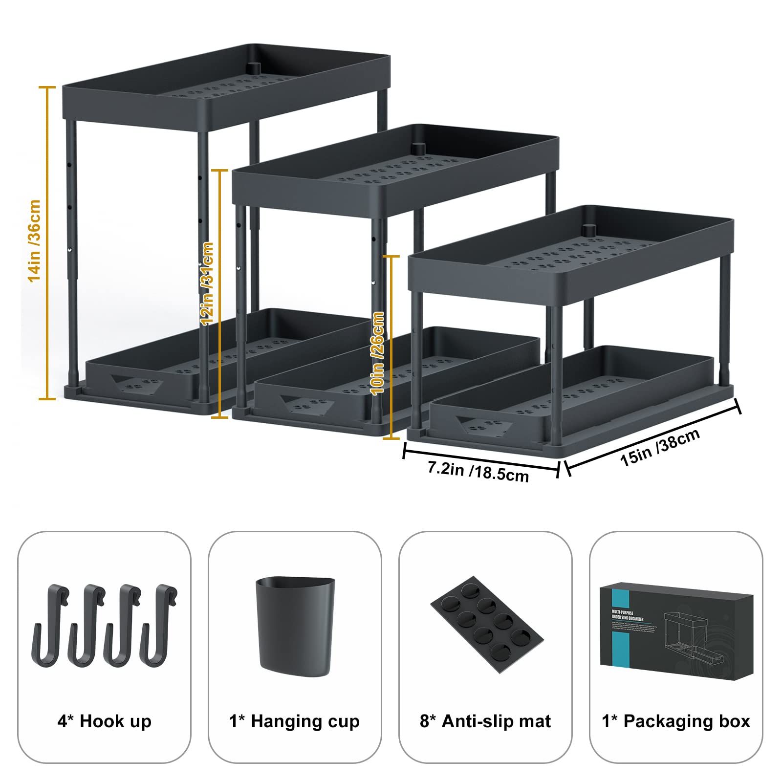 Hi Ninger 2 Pack Adjustable Height Under Sink Organizers And Storage, 2Tier Bathroom Organizer Under Sink,Multifunction Kitchen