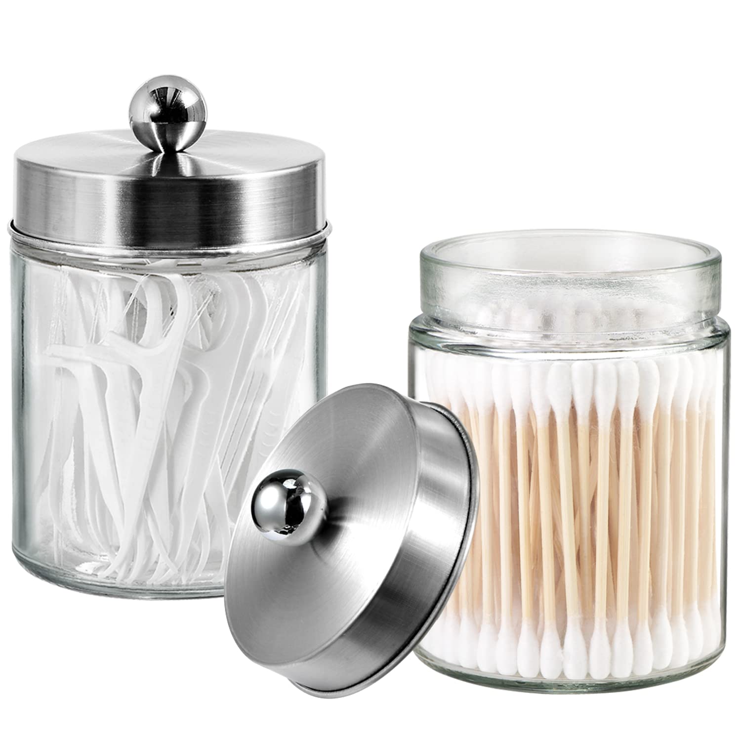 3 Pack Apothecary Jar Canisters Bathroom Vanity Organizer - Qtip Holder Storage Organizer Set Countertop Canister with Stainless Steel Lids &Cute Stickers for Qtips Cotton Swabs Makeup Sponges Floss (Brushed Nickel)