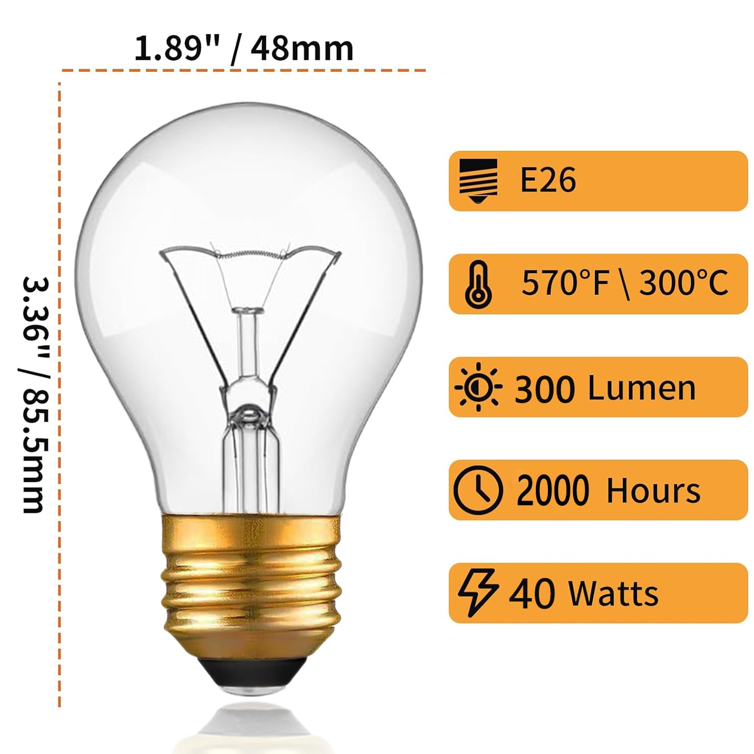 Appliance Oven Light Bulb, High Temp 300 C Resistant,(2 Pack) A15/E26/120V/40 Watt Appliance Replacement Bulb For Refrigerator O