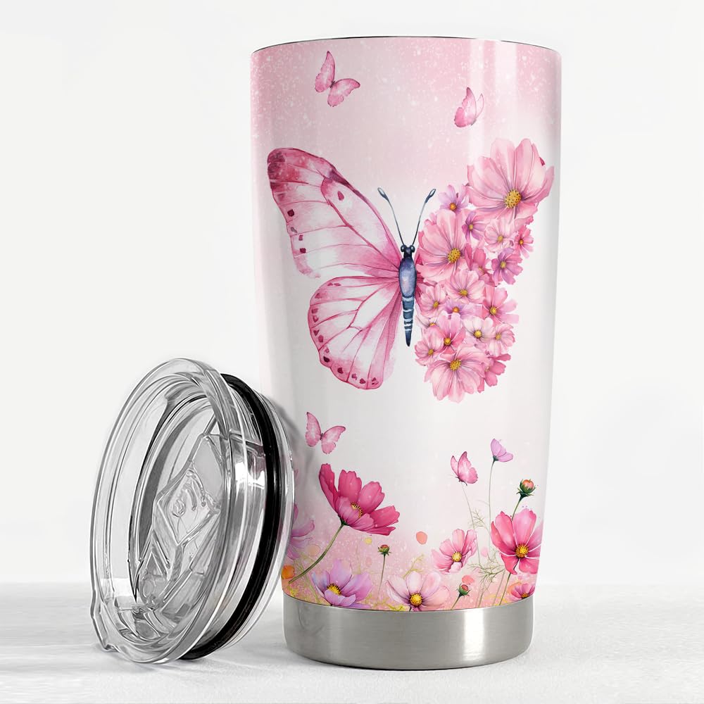 SANDJEST Butterfly Tumbler 20oz Butterfly Gifts for Women Girl Teen Stainless Steel Insulated Tumblers Coffee Travel Cup Mug Gif