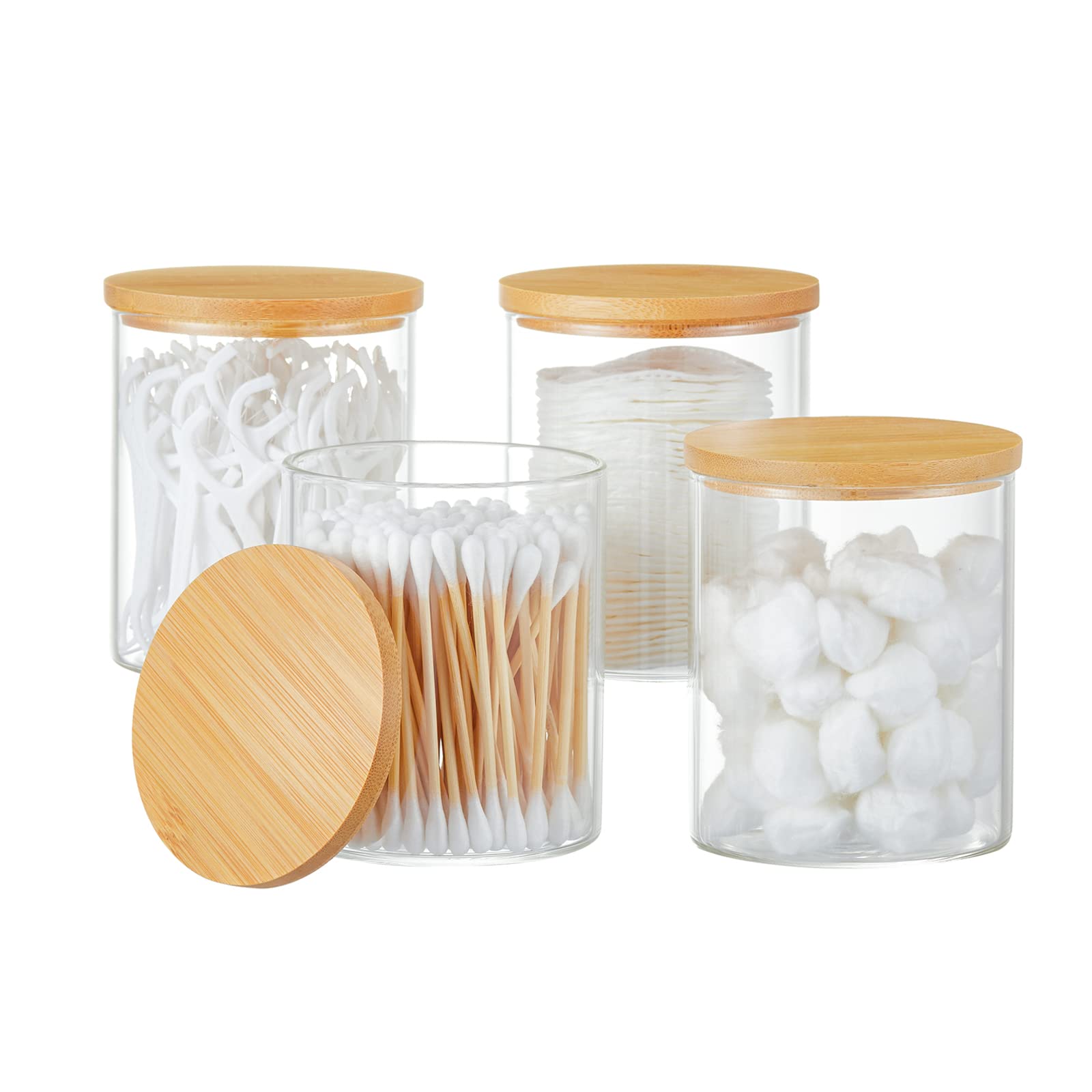 Iniunik 4 Pack Glass Qtip Holder Dispenser Glass Apothecary Jars With Lids Cotton Ball Swab Pad Holder Bathroom Essential Canist