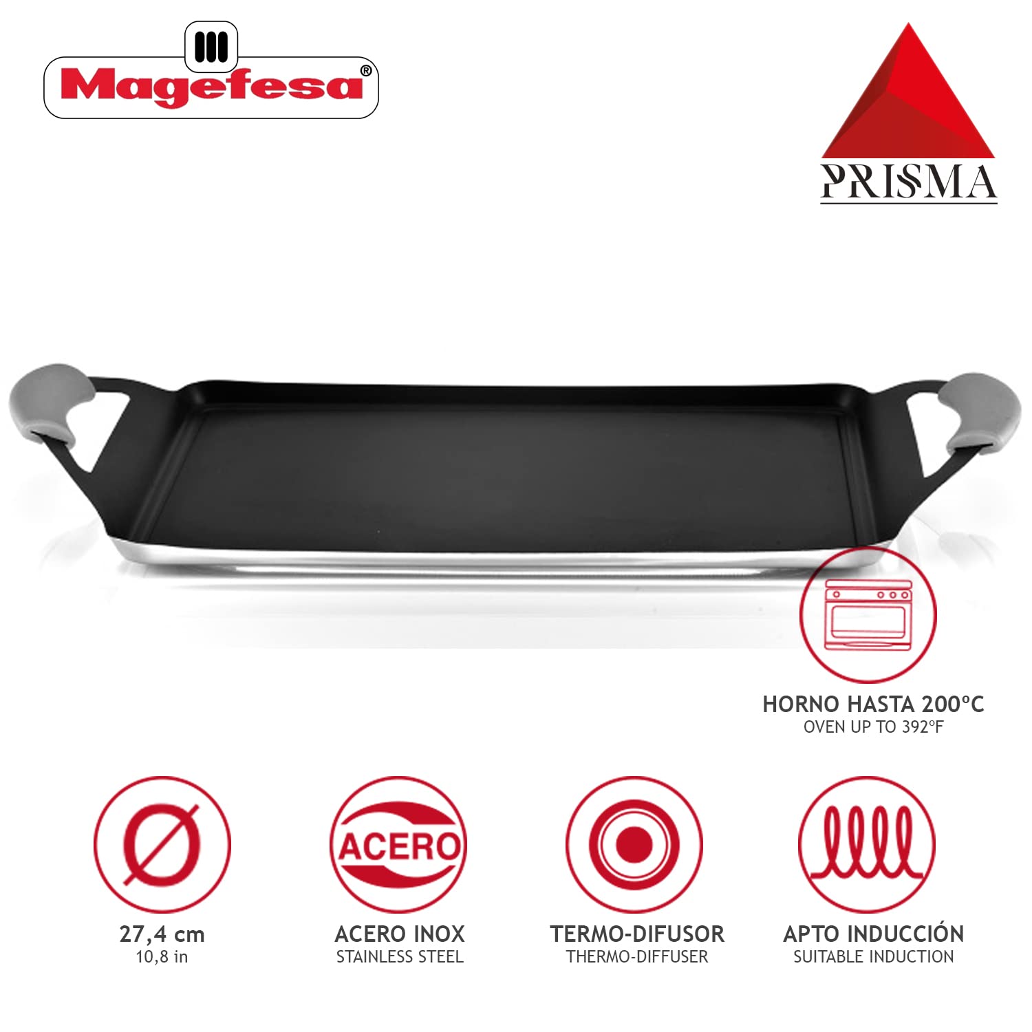 Magefesa Prisma - 10.8 Inches Teppanyaki Griddle Pan, Made In 18/10 Stainless Steel, Triple Layer Non-Stick, For All Types Of Ki