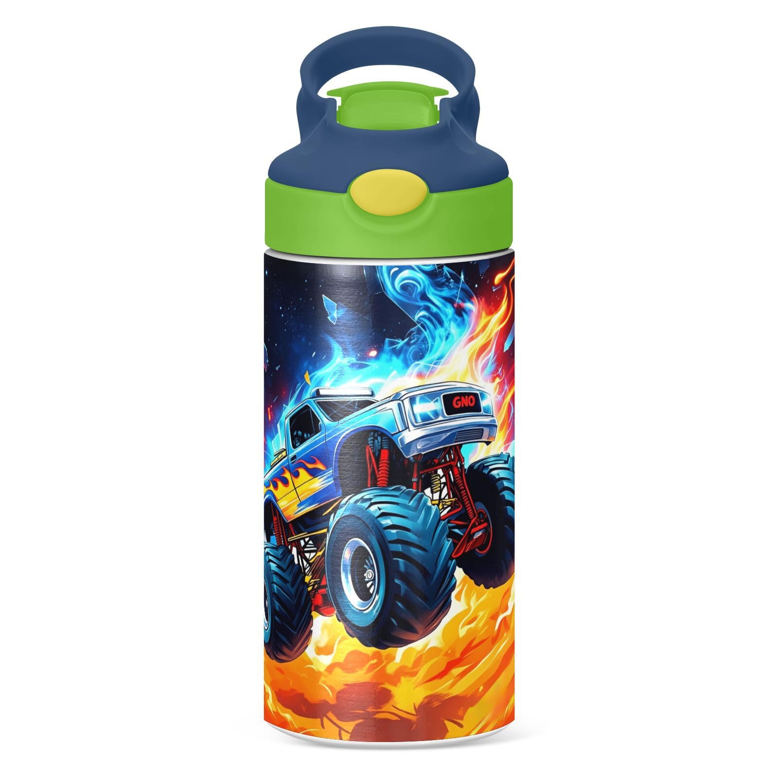 Monster Truck Kids Water Bottle with Straw and Carry Handle Racing Car Cool Vacuum Insulated Stainless Steel Bottles LeakProof 