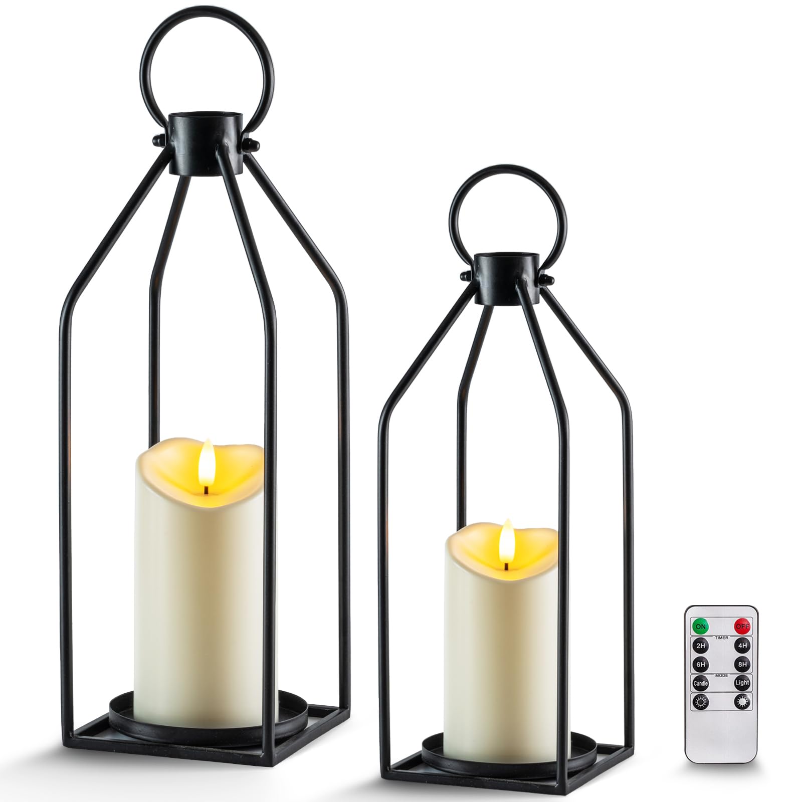 Homemory Modern Christmas Farmhouse Lantern Decor with Waterproof Flameless Candle & Remote Timer, 2PCS Black Metal Candle Lante