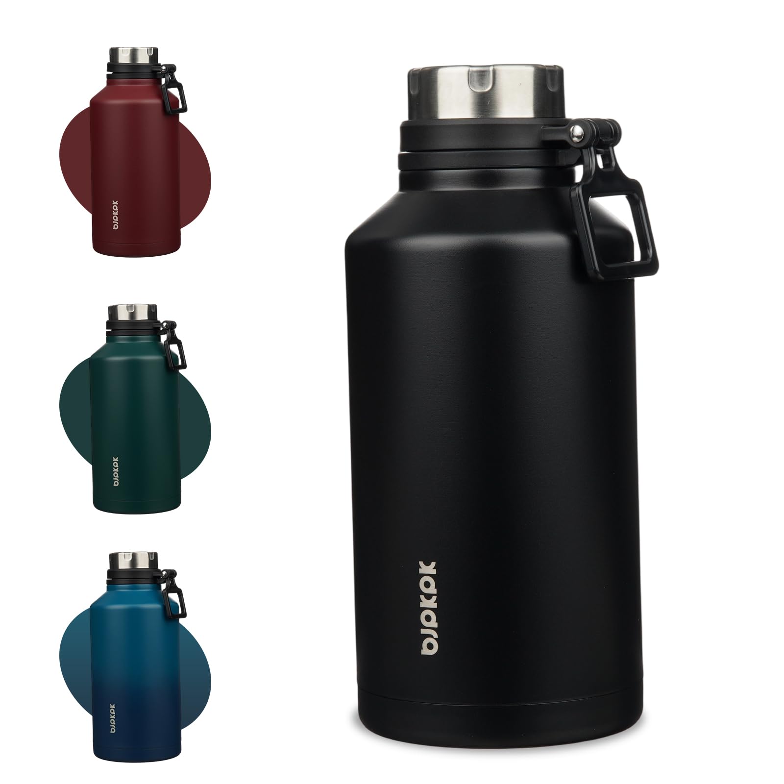 BJPKPK 64oz Insulated Water Bottle with Handle Half Gallon Stainless Steel Travel Thermal Flask Reusable Large Water Bottle,Blac