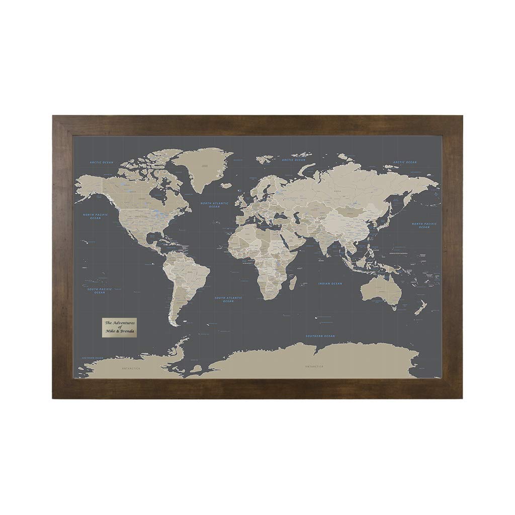 Push Pin Travel Maps - Earth Toned World - Rustic Brown Framed Pin Map For Tracking Your Travels - 27.5'' X 39.5'' - 8 Handcraft