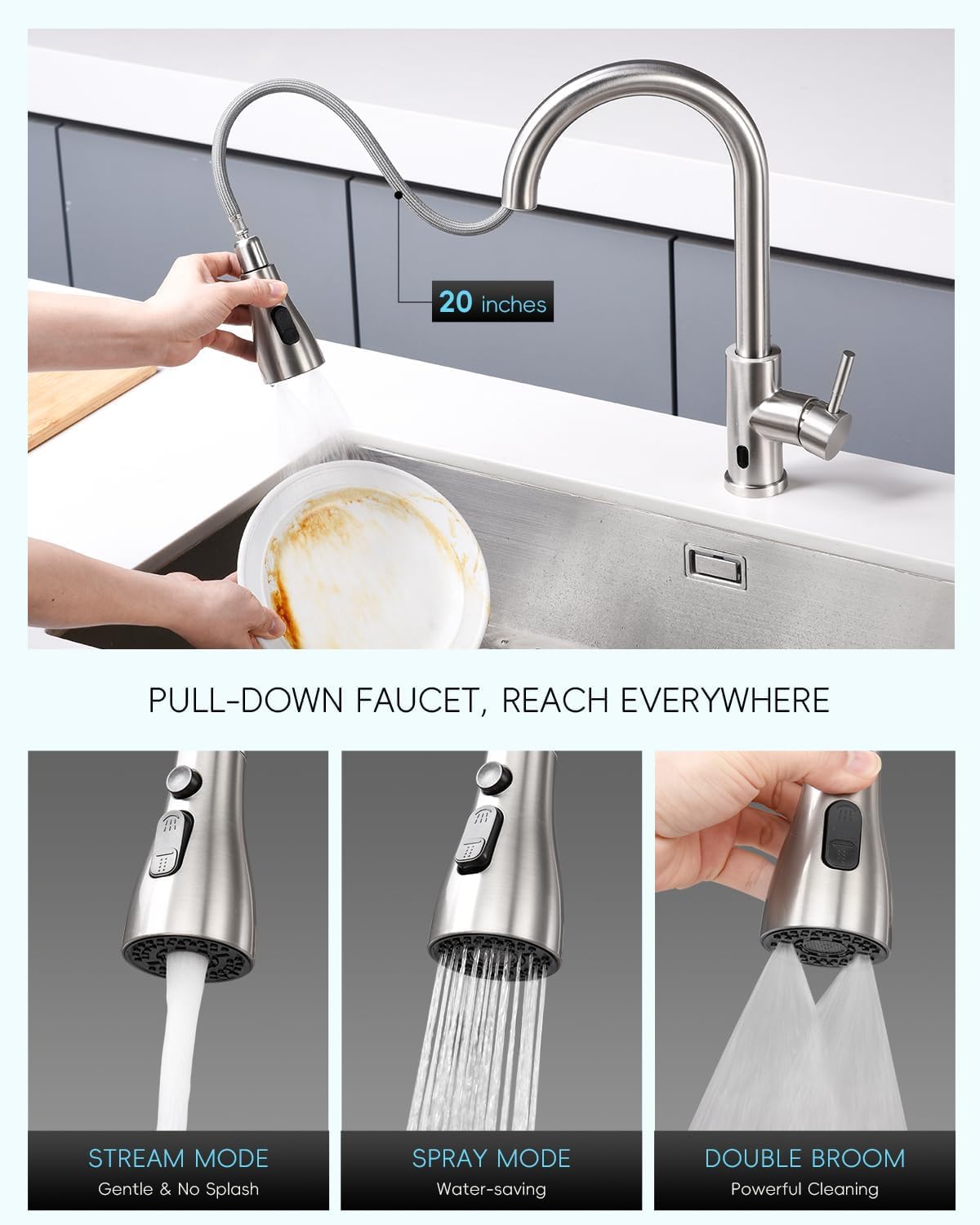 Appaso Touchless Kitchen Faucet With Pull-Down Sprayer, Kitchen Sink Faucet Touchless Brushed Nickel, Single Handle Hands-Free M