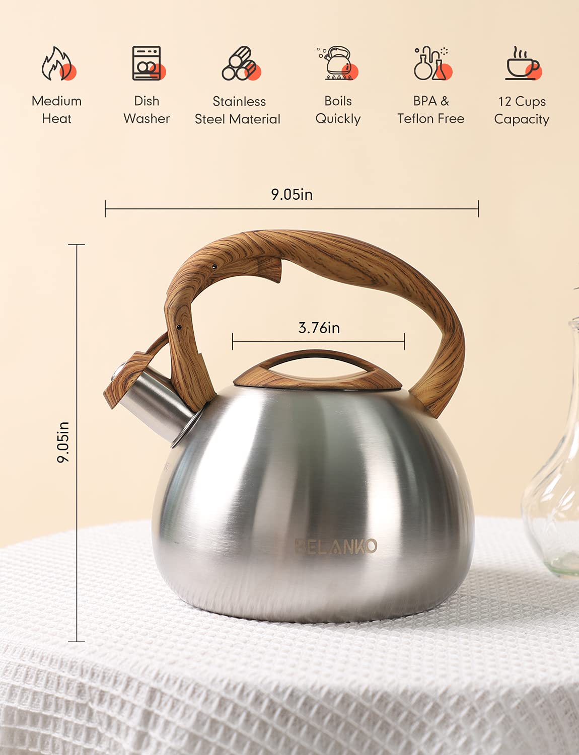 Tea Kettle, Belanko 102 Oz / 3 Liter Whistling Tea Kettle, Tea Pots For Stove Top Food Grade Stainless Steel With Wood Pattern H