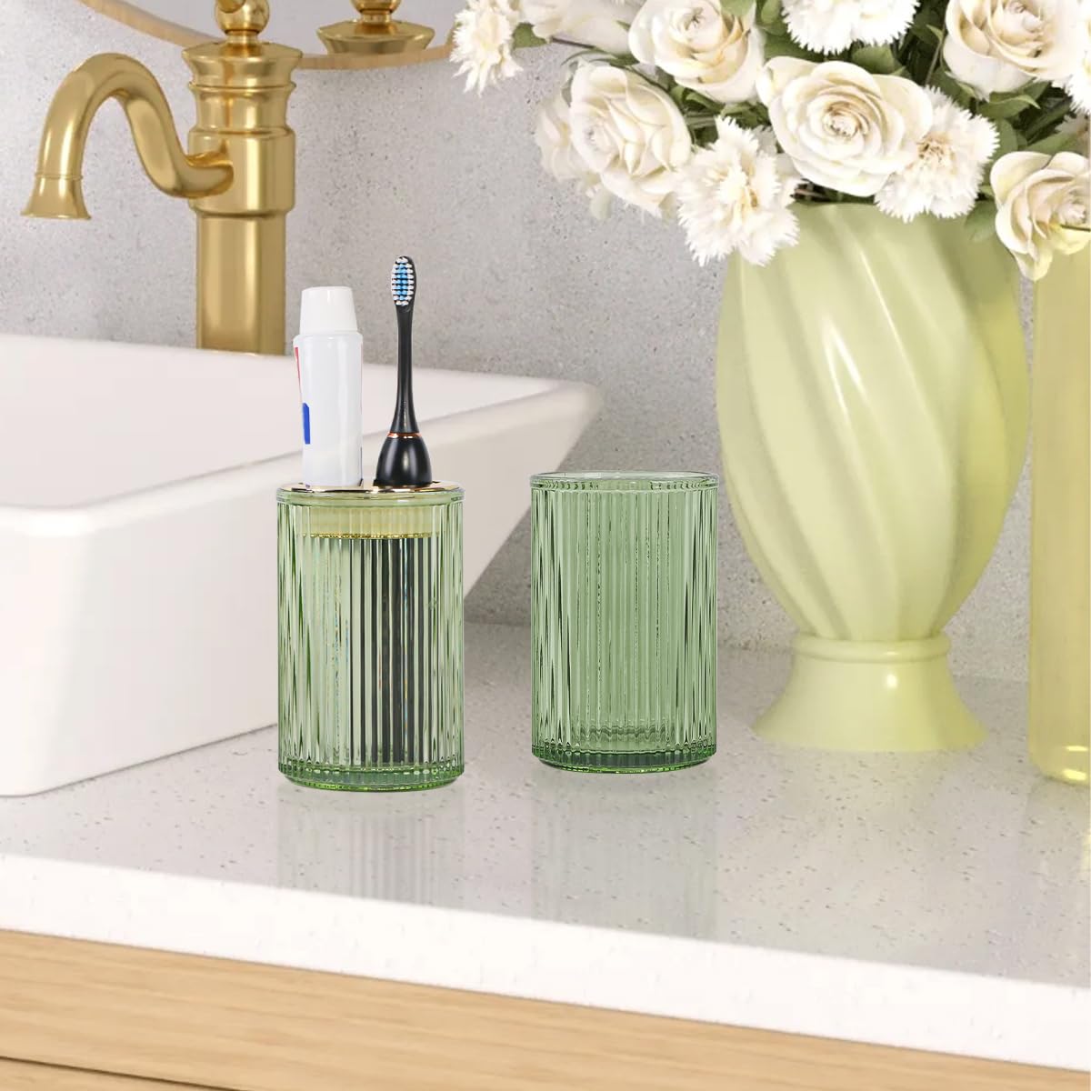 Tonxus Toothbrush Holders for Bathrooms, 2pcs Glass Toothbrush Holder, 12oz Bathroom Tumbler and Mouthwash Cup, Tooth Brush and