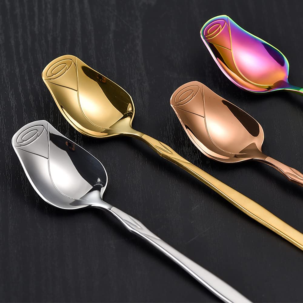 Stainless Steel Spoon Set 5 Pack, Rose Flower Shaped Spoon, Coffee Spoon,Dessert Spoon, Ice Cream Spoons, Tea Spoons,Love Spoon,