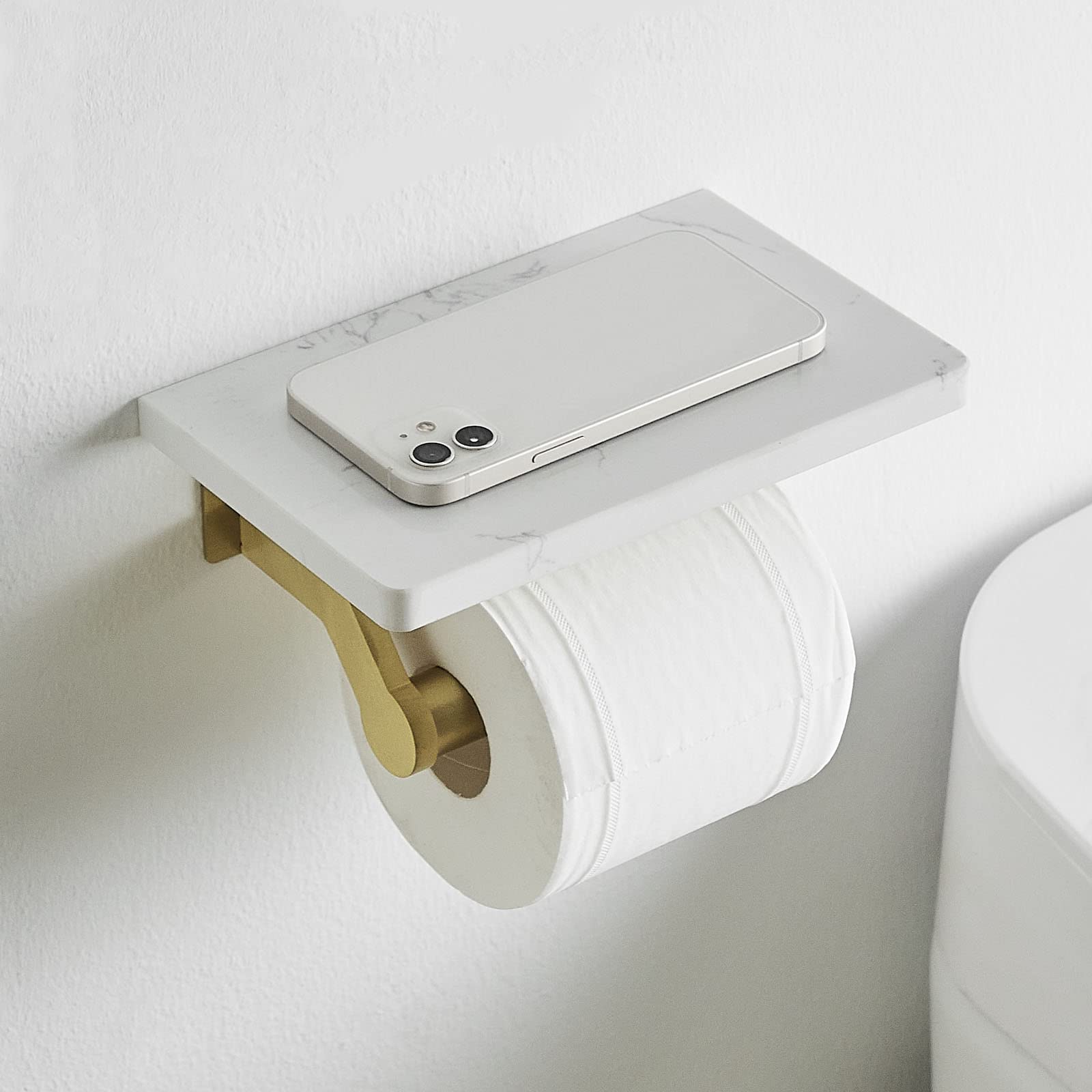 Hoimpro Brushed Gold Stainless Steel Toilet Paper Holder With White Natural Marble Shelf, Wall Mounted Tissue Hand Paper Roll St