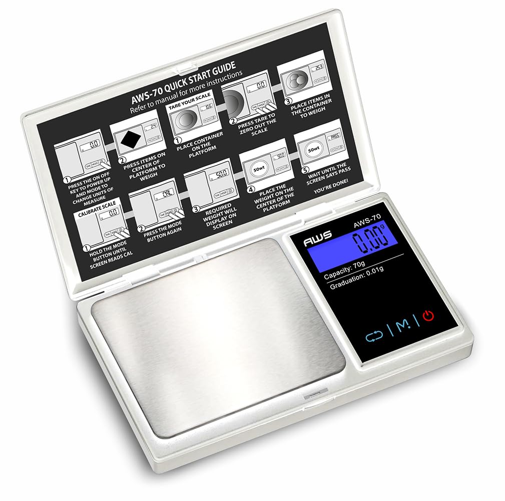 American Weigh Scales Digital Pocket Scale 70g x 0.01g with LCD Display Gram, Ounce, Carat, Grain, High Precision 0.01 g Accurac