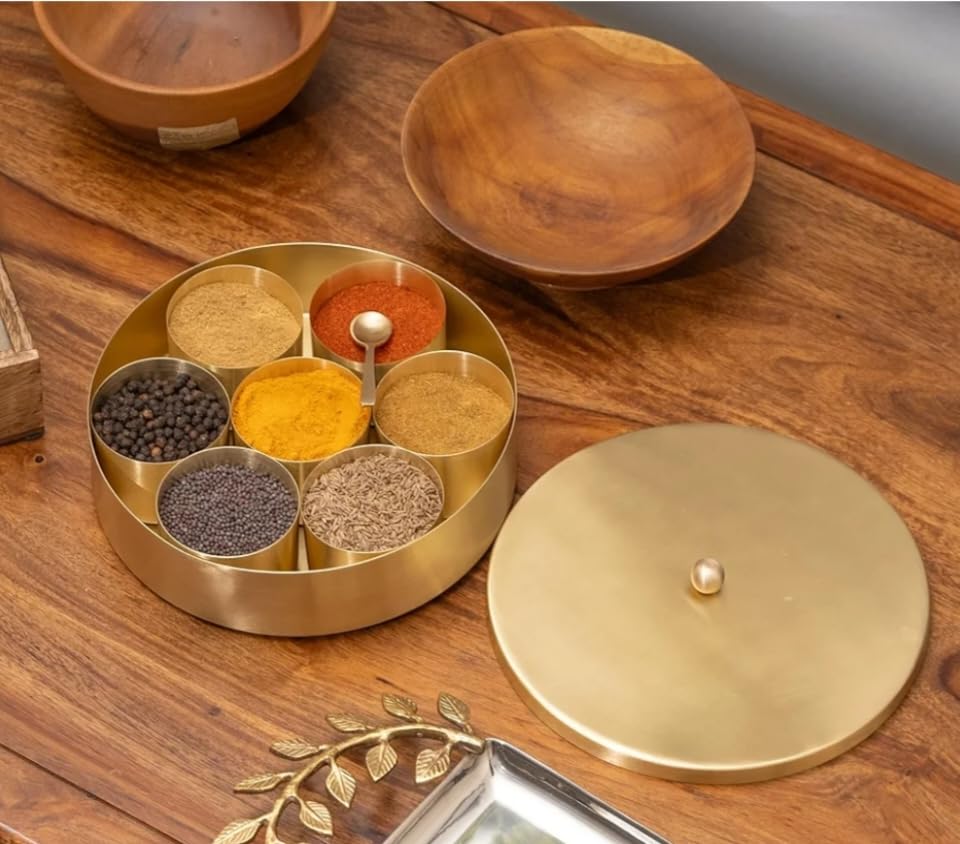 Blissful Decor Spice Box For Kitchen (Pure Brass, 7 Detachable Containers,L 1 Spoon) | Brass Masala Box For Kitchen Masala Dani 