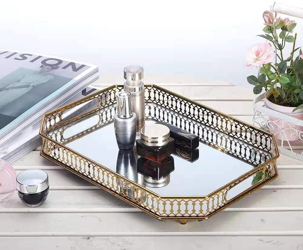 Mirror Tray, Perfume Tray, Vanity Makeup Decorative Jewelry Tray With Metal For Dresser Bathroom Bedroom Countertop Organizer, L