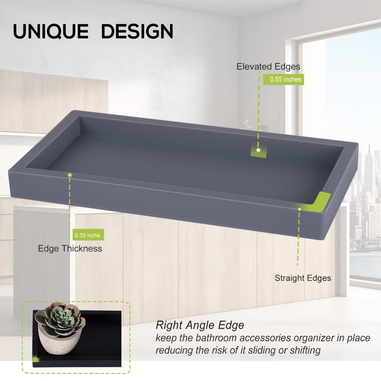 Small Silicone Bathroom Vanity Tray Rectangle Soap and Sponge Holder Kitchen Sink Organizer for Scrubber  Lotion Bottles  Perfume  Jewelry  Candle  Key Trinket Ring  Grey