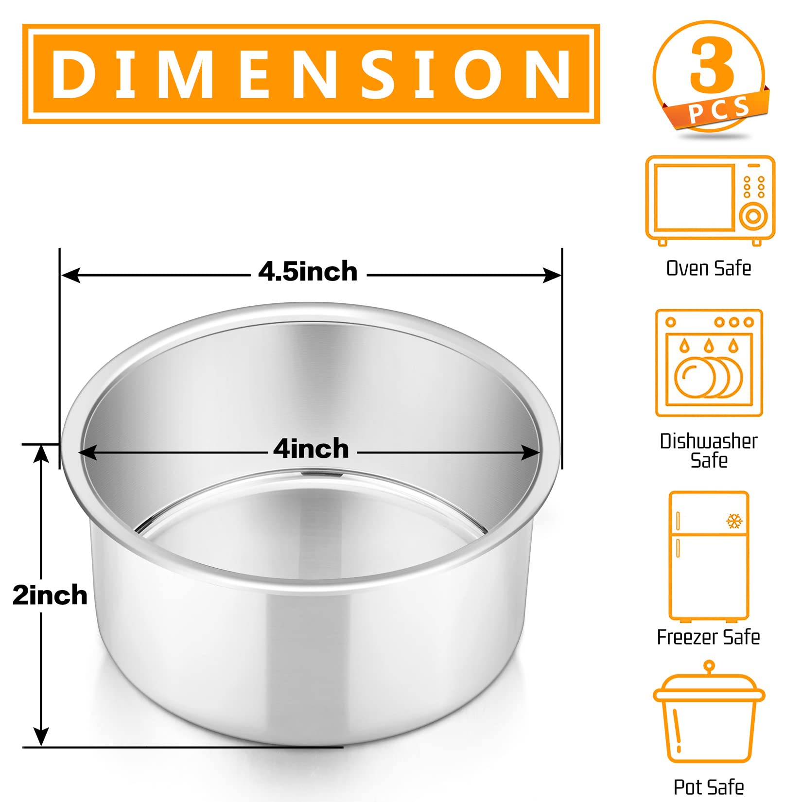 4 Inch Cake Pan Set Of 3, P&P Chef Small Stainless Steel Round Baking Layer Pans Bakeware For Mini Cake Pizza Bread, Non Toxic &