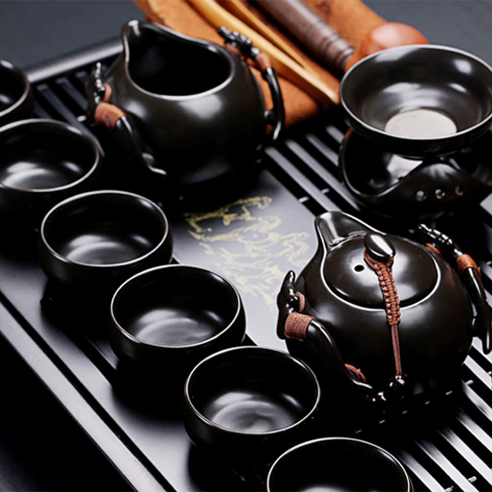 Fanquare Chinese Black Ceramic Kung Fu Tea Set With Tea Tray And Small Tea Tools,Porcelain Tea Service