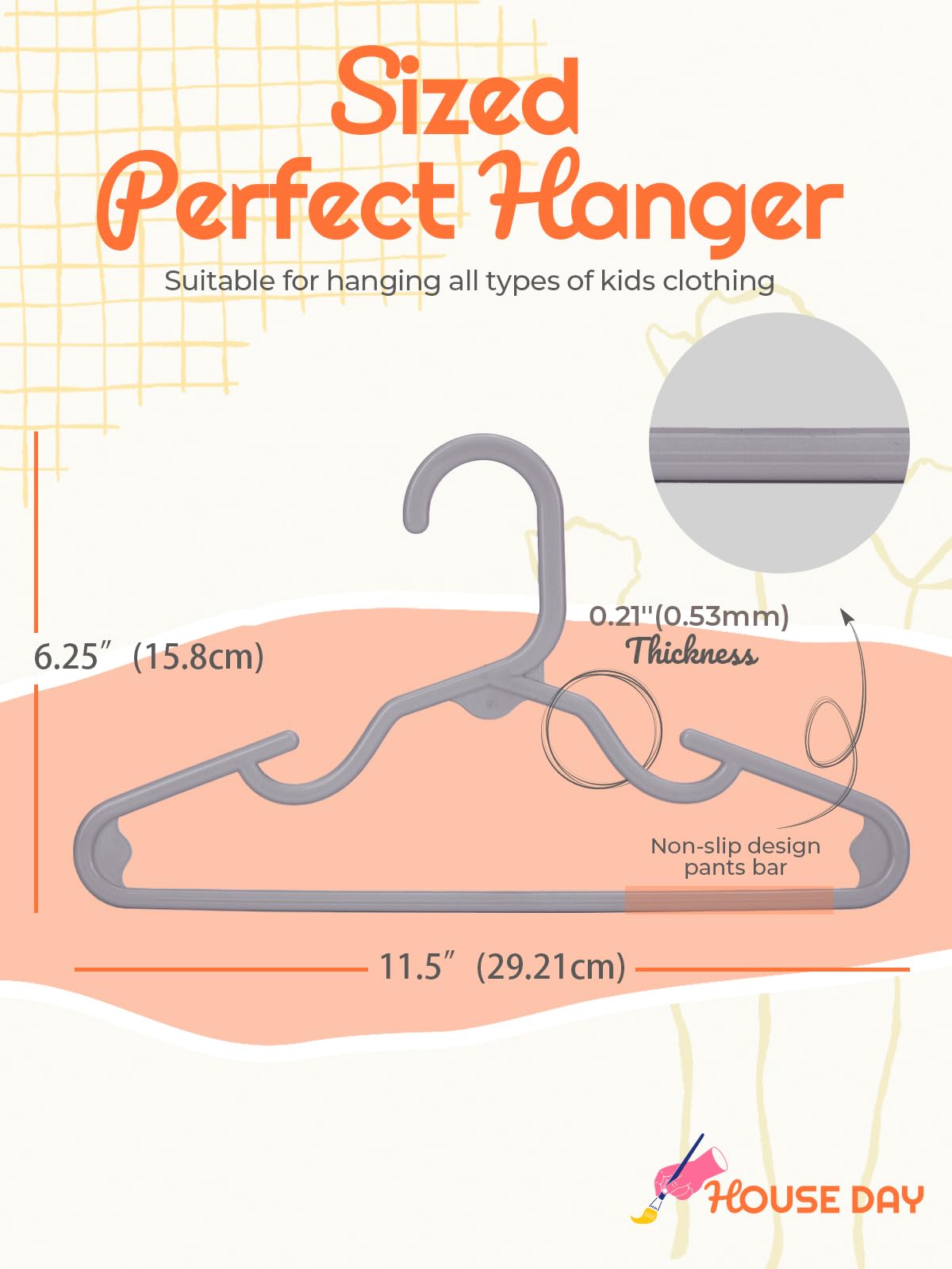 House Day Premium Baby Hangers 20 Pack, 11 Inch Kids Plastic Hangers Grey, Slim Childrens Hangers For Infant, Toddler, And Child