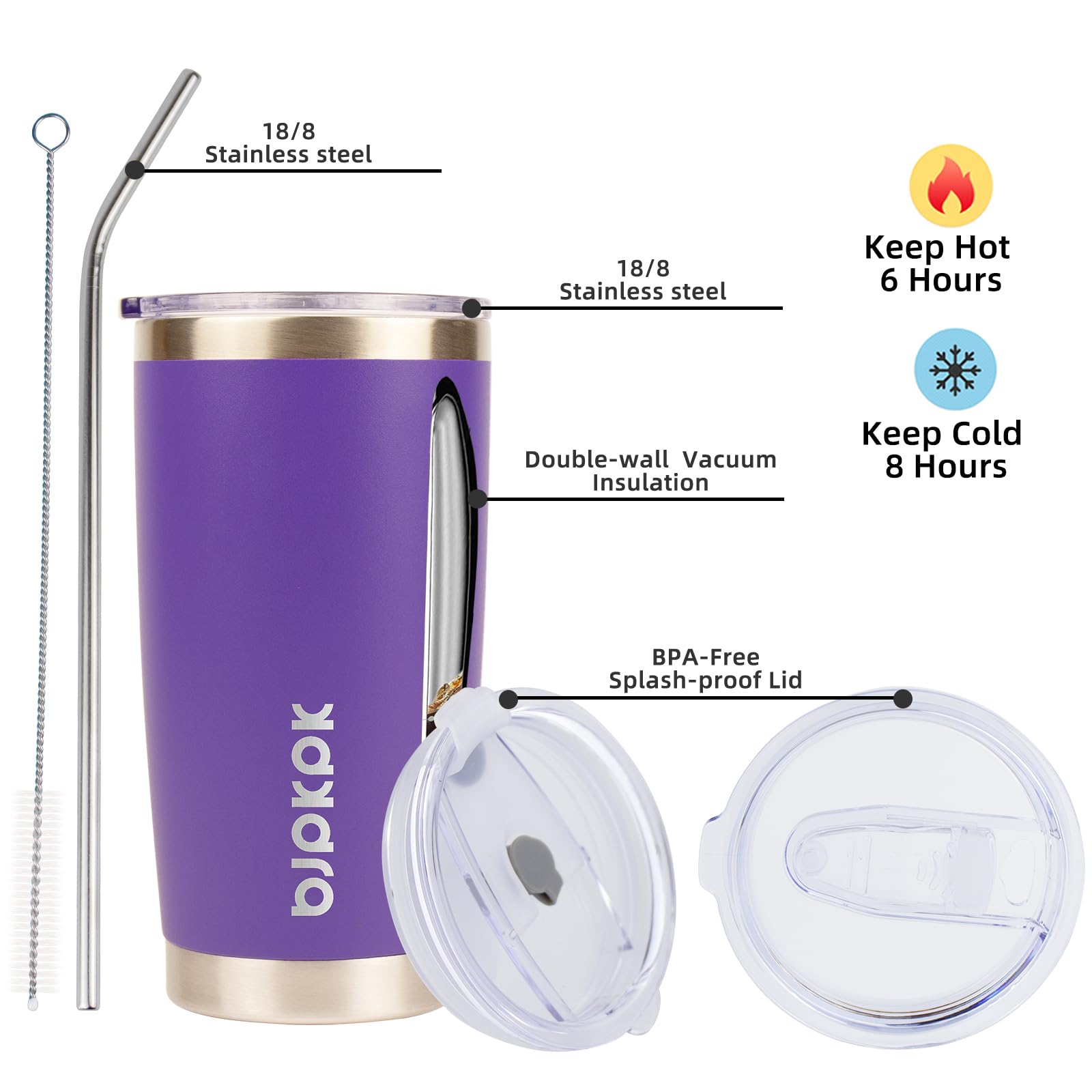Bjpkpk Insulated Tumbler With Lid And Straw 20 Oz Stainless Steel Coffee Mug Thermal Cup,Purple