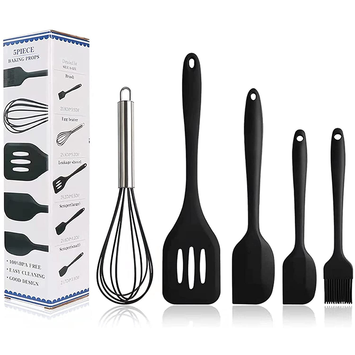 Woodtula 5Piece Silicone Kitchen Utensils Set  Kitchen Spatula For Baking  Scraper Spatula  NonStick Cookware Set (Black)