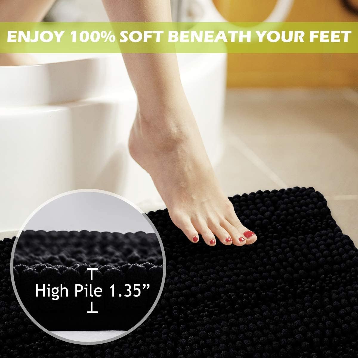 Black Bath Mat - Large Soft Bathroom Rugs Non-Slip Thick Shaggy Floor Cover Water Absorbent Quick Drying Shower Carpet For Toile