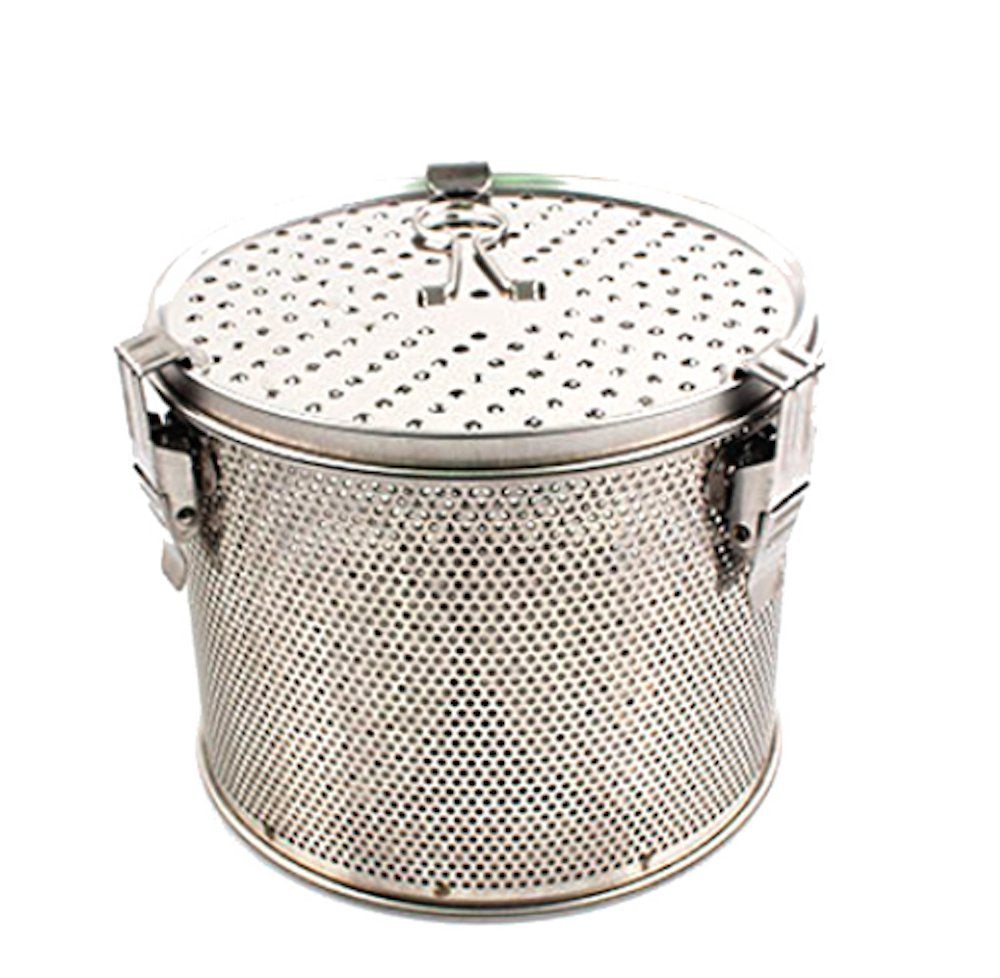 Minecook Commercial Grade D 6.3'' X H 5.3'' Genuine Stainless Steel 18/8 Perforated Tall Strainer - One Touch Lock System - Rest