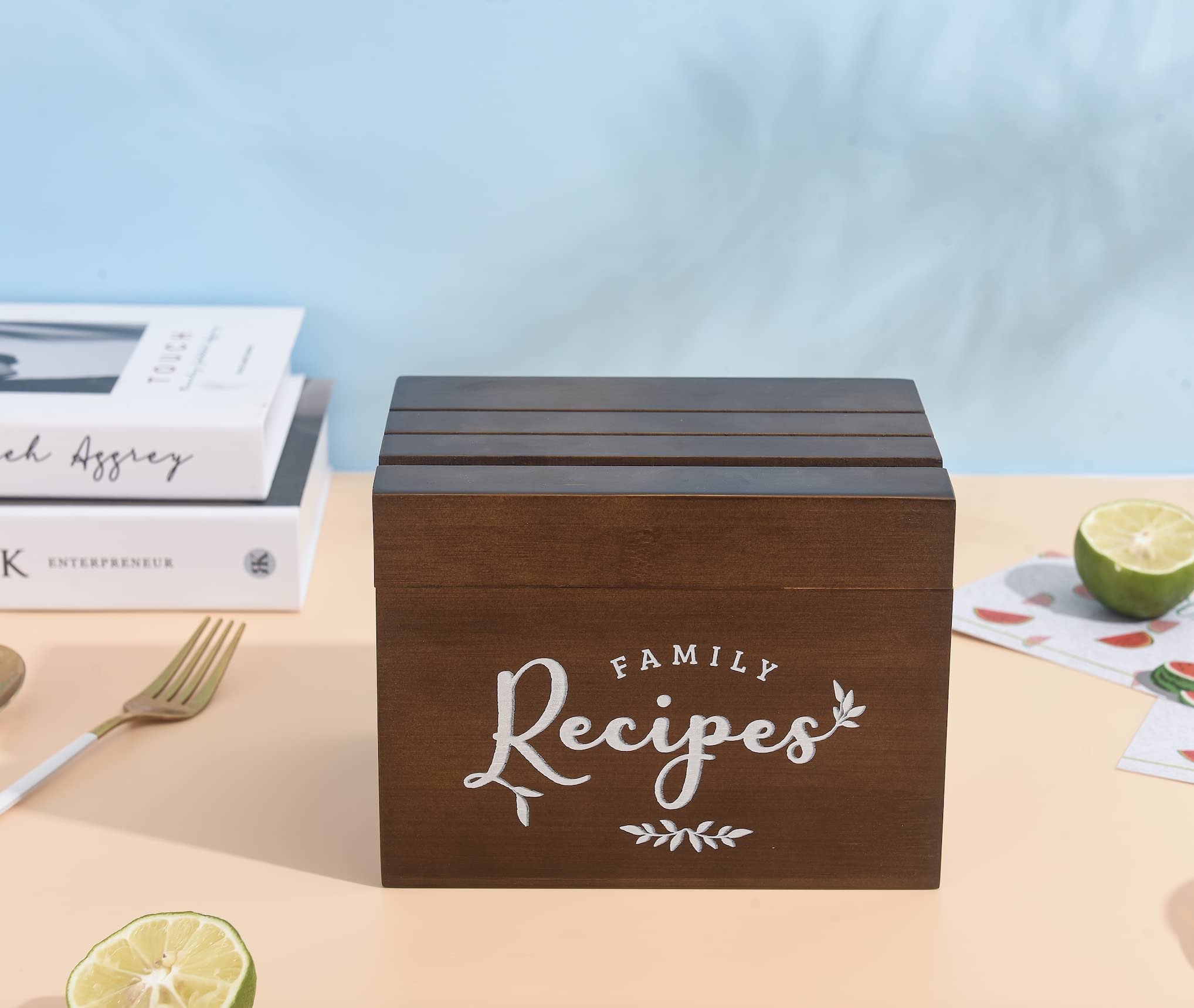 Lumicook Recipe Box With Cards And Dividers | Recipe Card Box Faux Leather Handle | 120 Recipe Cards And Box Set | Wooden Recipe
