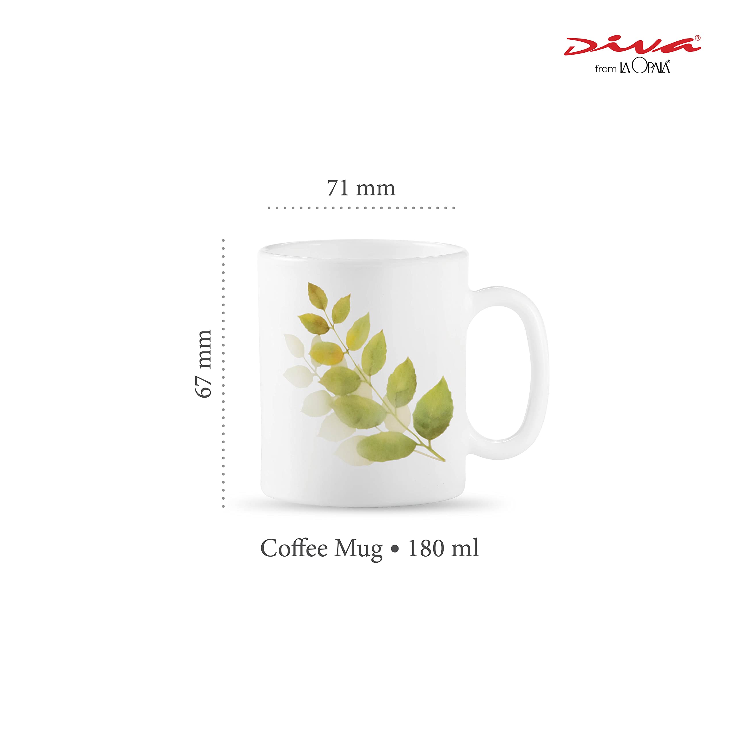 La Opala Diva, Opal Glass Coffee Mug Set Cylinder Regular 6 pcs, Autumn Shadow, White, Standard