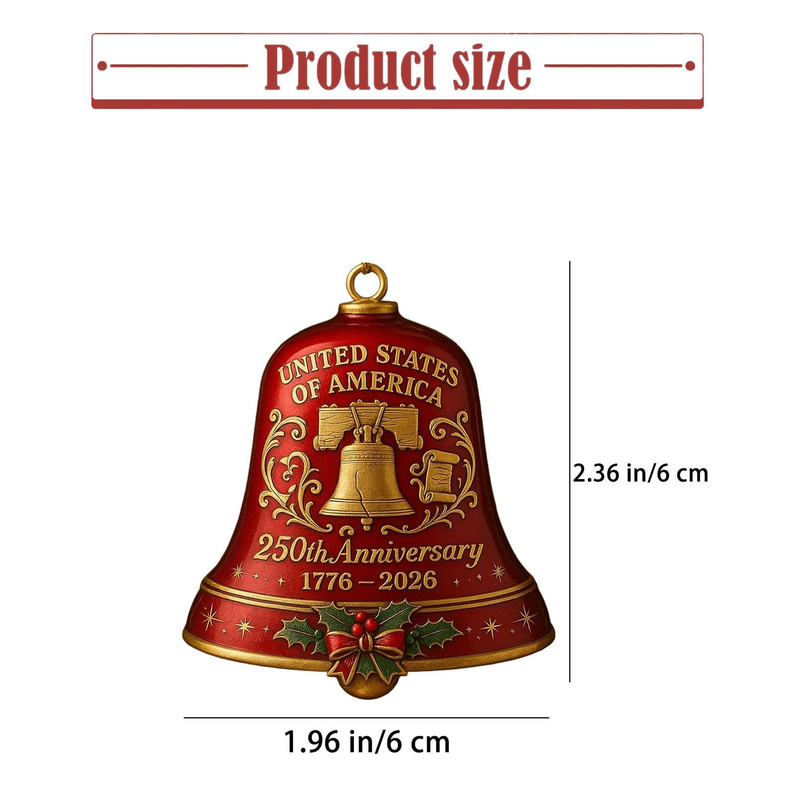 USA 250th Anniversary Bell Ornament Red & Gold Commemorative Hanging Decor, Christmas Ornament for Patriotic Holidays, Xmas Tree