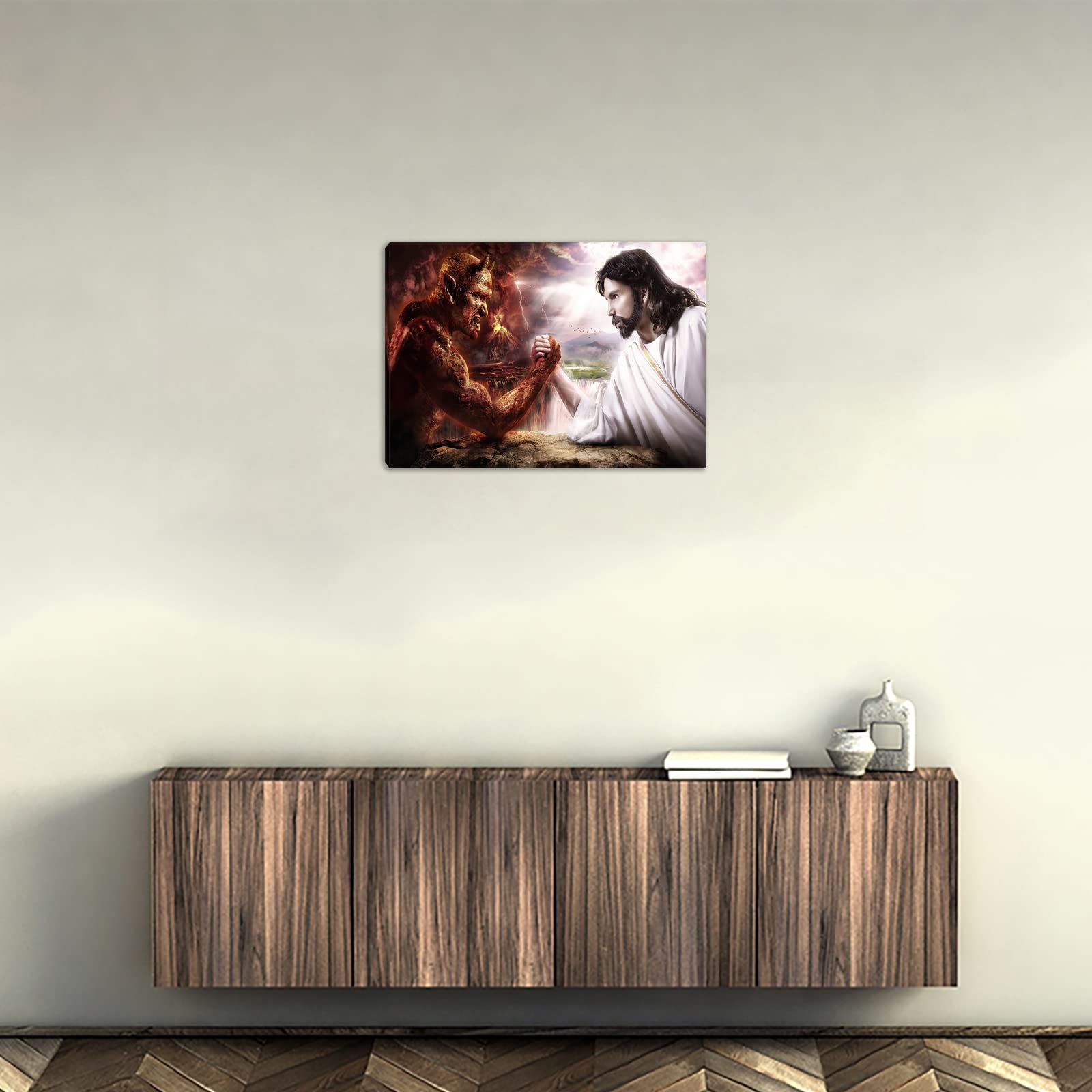 Jesus Christ Canvas Wall Art Jesus Arm Wresties Satan Modern Religious God Poster Hd Framed Print Painting Picture Artwork For B
