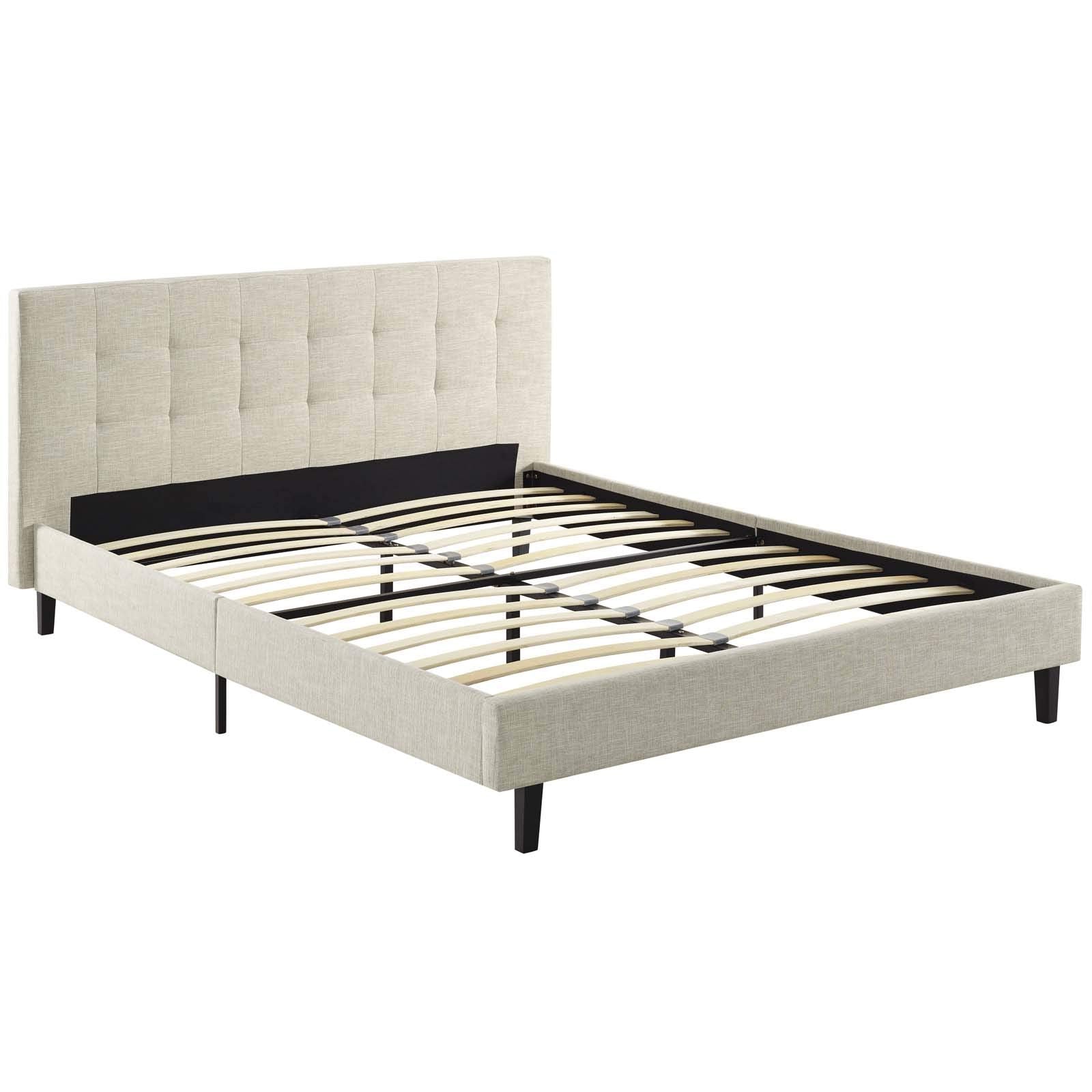CasaFoyer  Linnea Platform Bed | Elegant Upholstered Full Bed | Tufted Headboard | Wood Legs | Slatted Support System | Beige