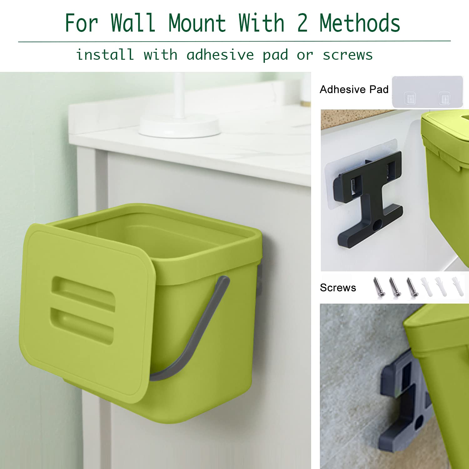 Lalastar 1.8 Gallon Hanging Trash Can, Green, Plastic, Compost Bin Indoor Kitchen Sealed, Small Trash Can With Lid, Mountable