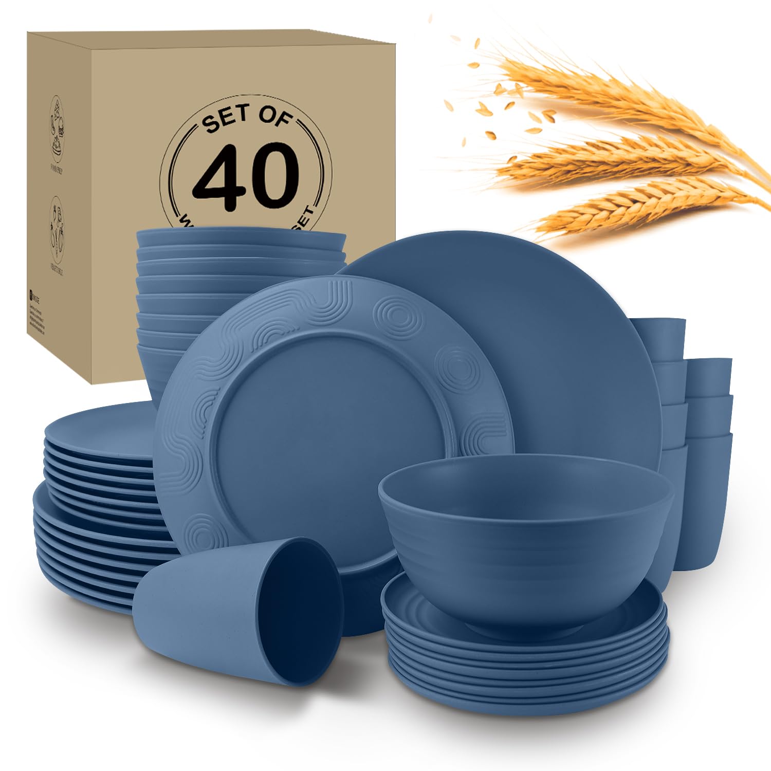 Wrova 40Pack plates and bowls sets for kids - Unbreakable wheat straw dinnerware sets service for 8 - Alternative plastic 40pcs 