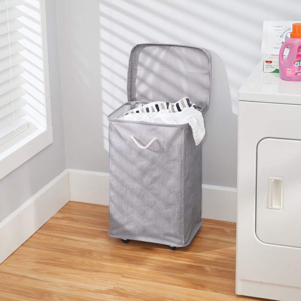 Mdesign Large Polyester Rolling Laundry Hamper With Wheels, Removable Lid, And Rope Carrying Handles - Collapsible Hampers With