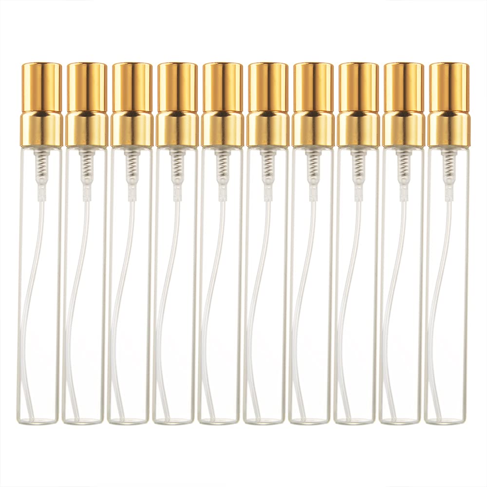 Enslz 10Ml 10Pcs Glass Spray Bottle Refillable Perfume Atomizer Mini Sample Test Bottle Thin Glass Vials (Gold)