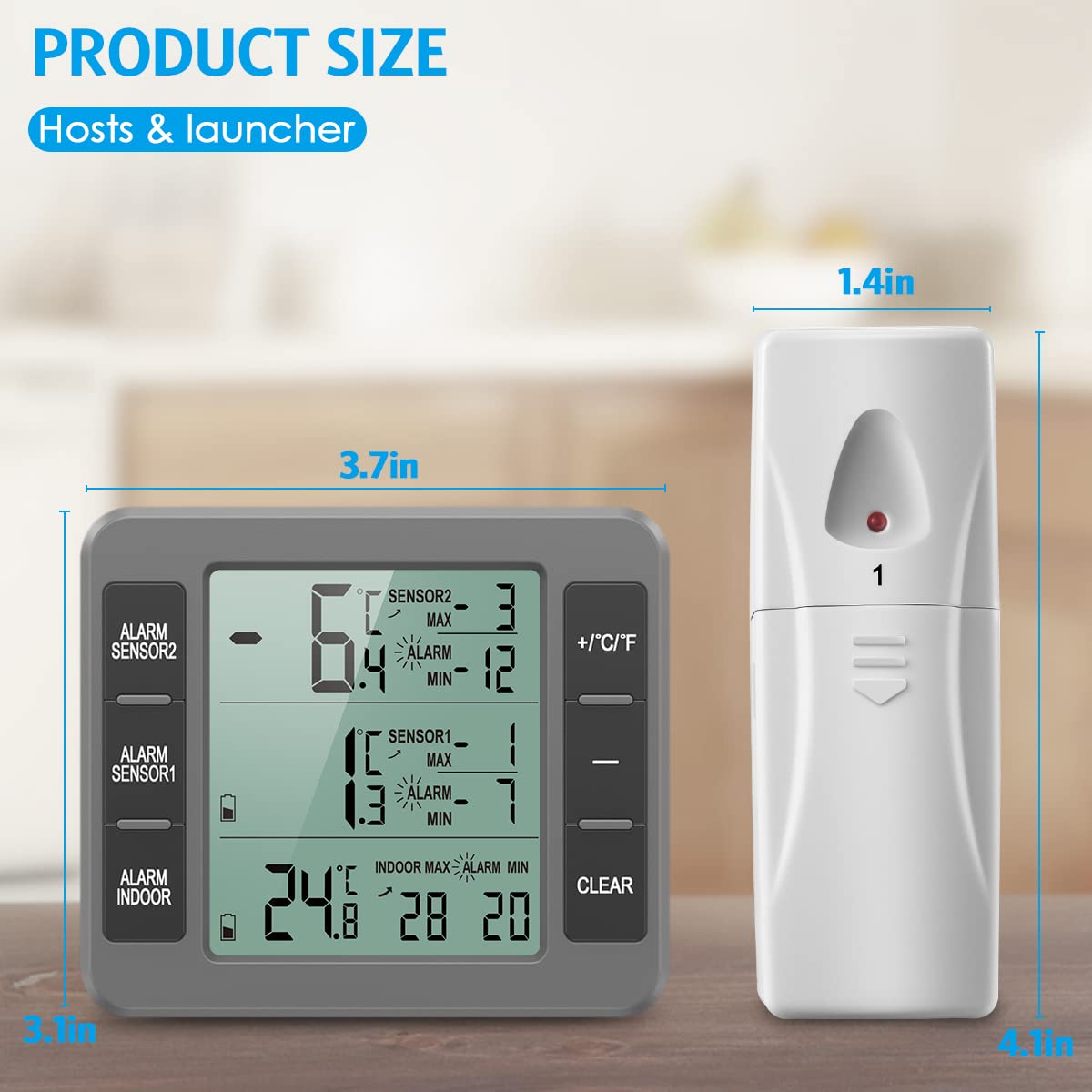 Amir Upgraded Refrigerator Thermometer, Wireless Indoor Outdoor Thermometer, Sensor Temperature Monitor With Audible Alarm Tempe