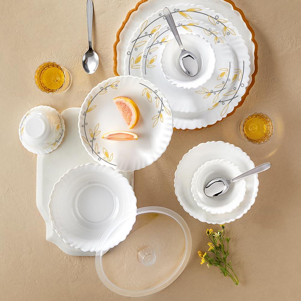 Larah By Borosil Silk Series Bella Opalware Dinner Set With Steel Spoon | 41 Pcs For Family Of 6 | Microwave & Dishwasher Safe |