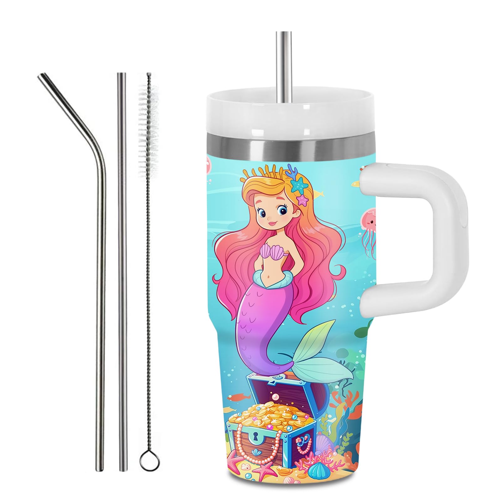 Hiboss Mermaid Tumbler With Handle And Straw For Kids 14Oz, Insulated Stainless Steel Little Mermaid Girls Cup Mug, Birthday Chr
