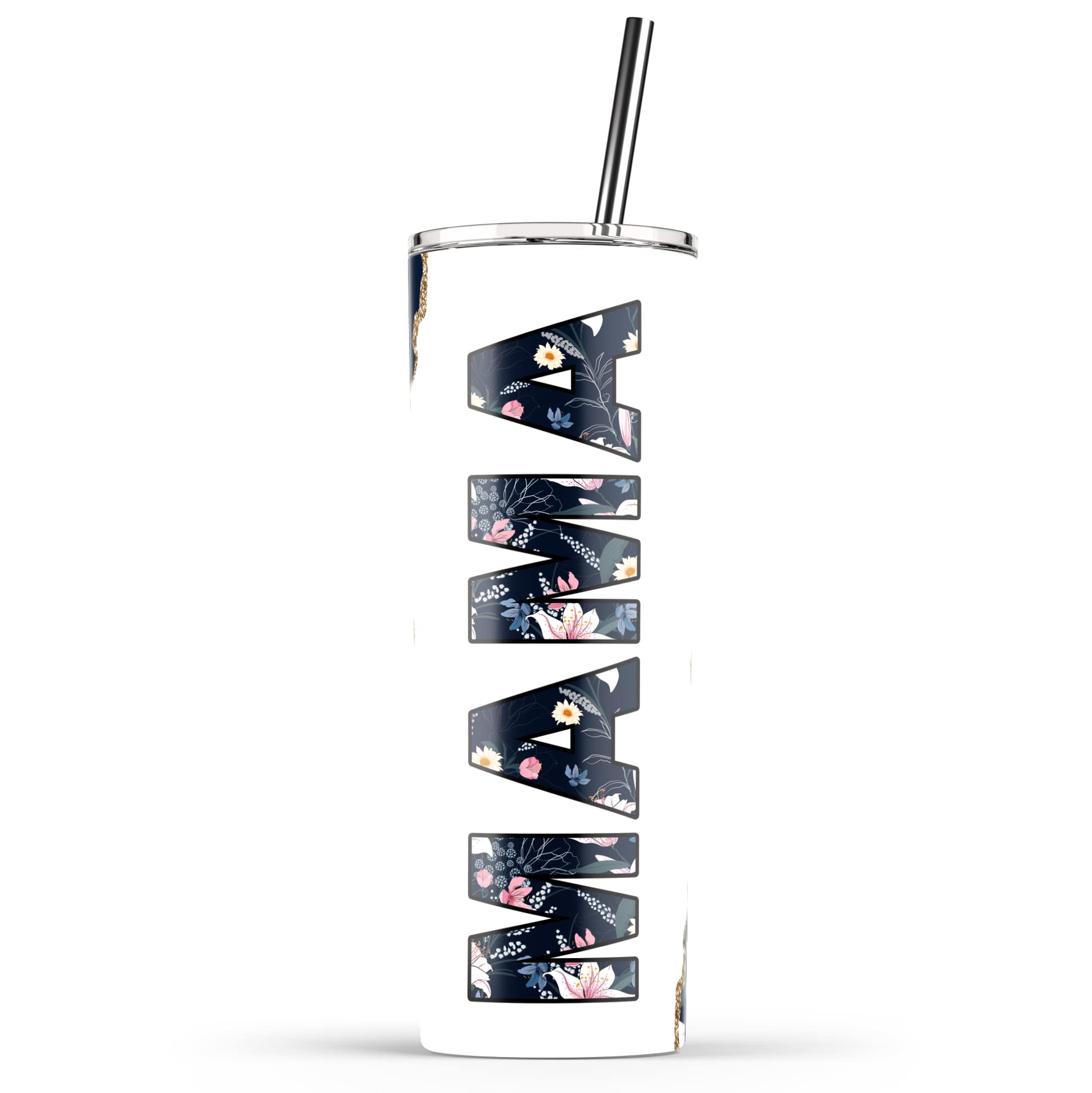 Younique Designs Navy Floral Mama Coffee Tumbler With Straw And Lid, 20 Oz, Insulated Stainless Steel Skinny Tumbler For Women,