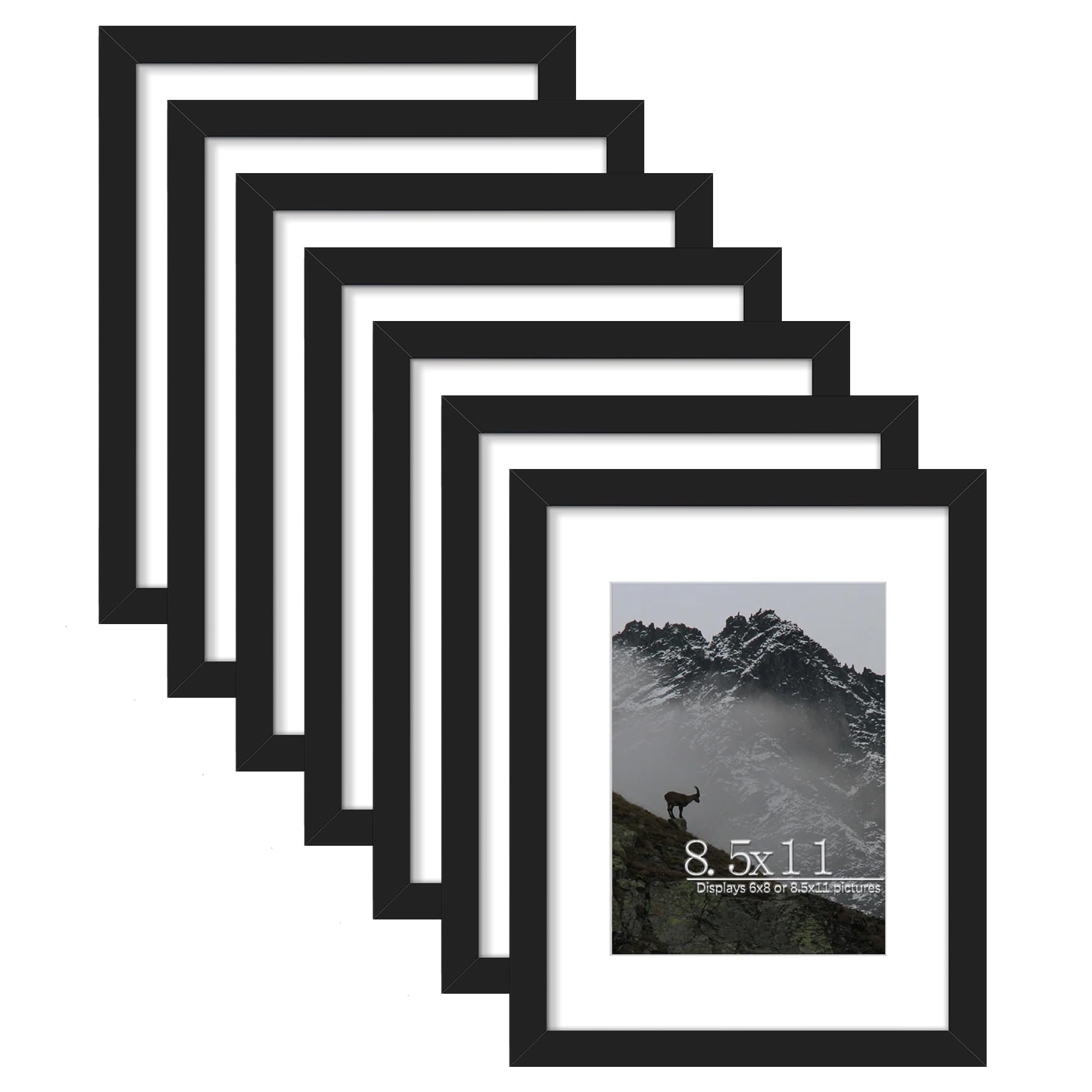 Picrit 8.5x11 Picture Frame Set of 7, Display 6x8 with Mat or 8.5x11 Without Mat, Photo Frames for Wall Mounting or Table Top Di