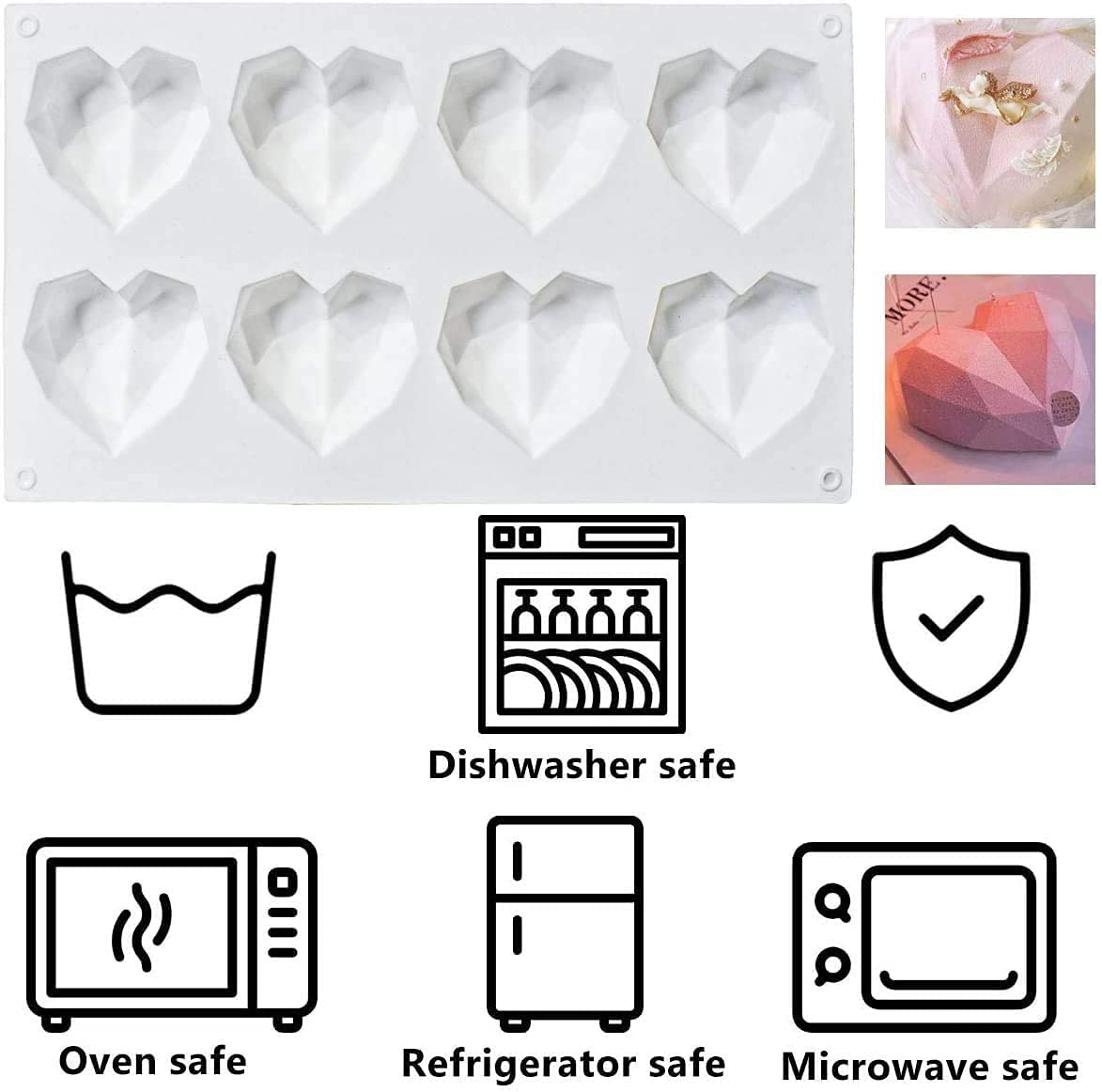 Bamutu 3D Diamond Love Heart Mousse Silicone Chocolate Mould 2Pcs 8-Cavity Heart Shape Chocolate Candy Jelly Mold Baking Pan Mol