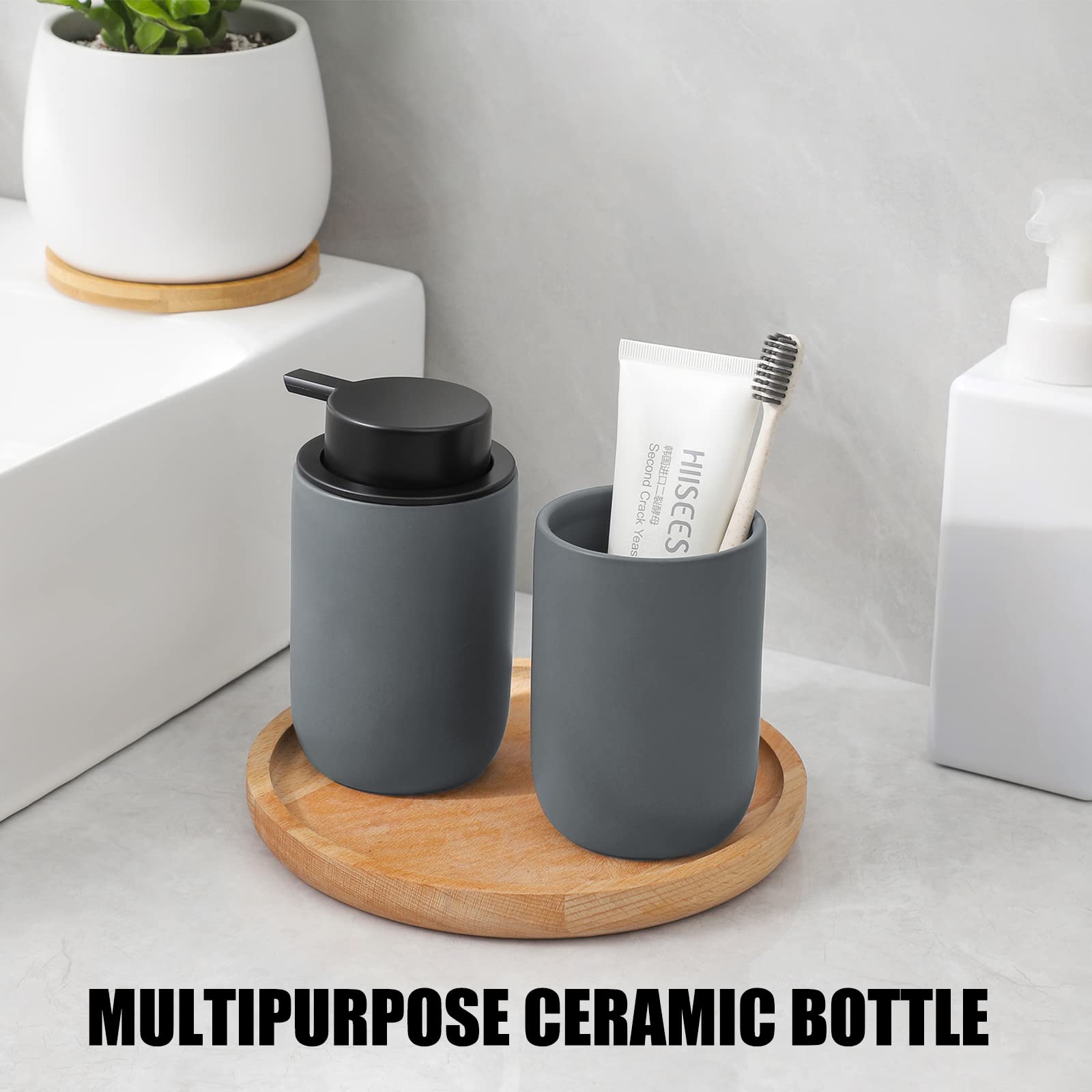 Hand Soap Dispenser for Bathroom Decro  Matte Grey Ceramic Liquid Pump Bottles Refillable Dish Dispenser for Kitchen Farmhouse Colleage Dorm  2 Pack