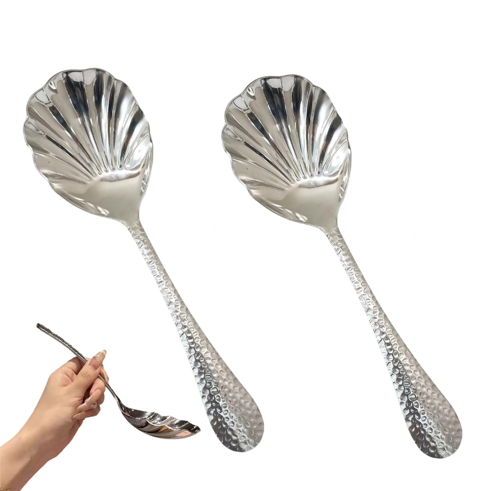 CSHUOJAZ 2Pcs Large Scalloped Soup Spoon Elegant Shell Utensil Silver Serving Ladle Stainless Steel Vegetable Server Serving Spo