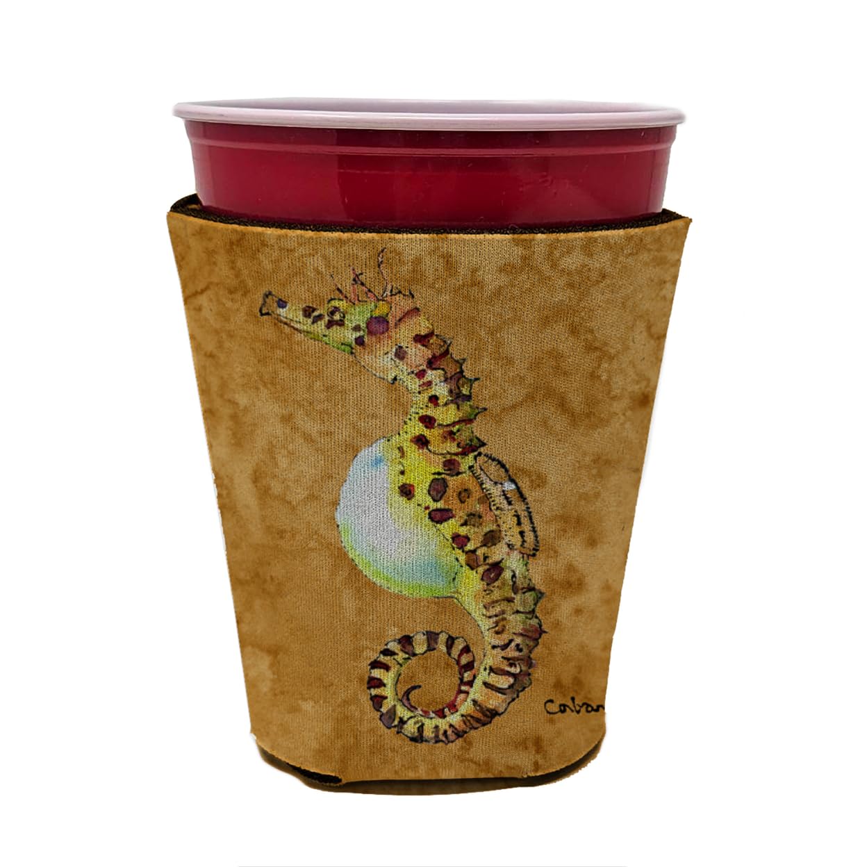 Seahorse Male on gold Red Solo Cup Beverage Insulator Hugger