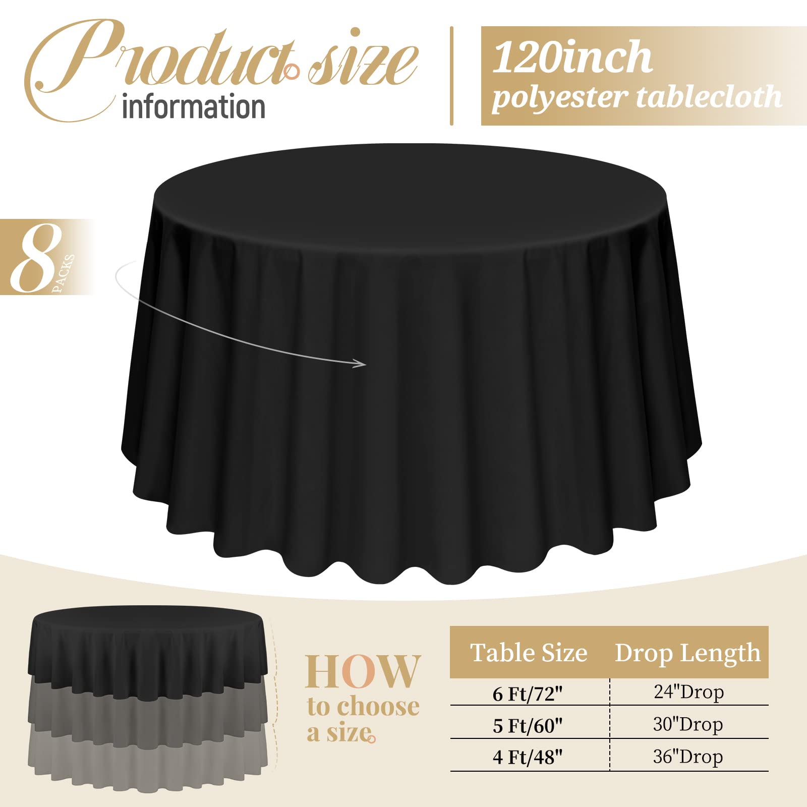 Pesonlook 8 Pack 120 Inch Black Round Table Cloths, Premium Polyester Round Tablecloth Wrinkle Resistant Washable Table Cover Fo
