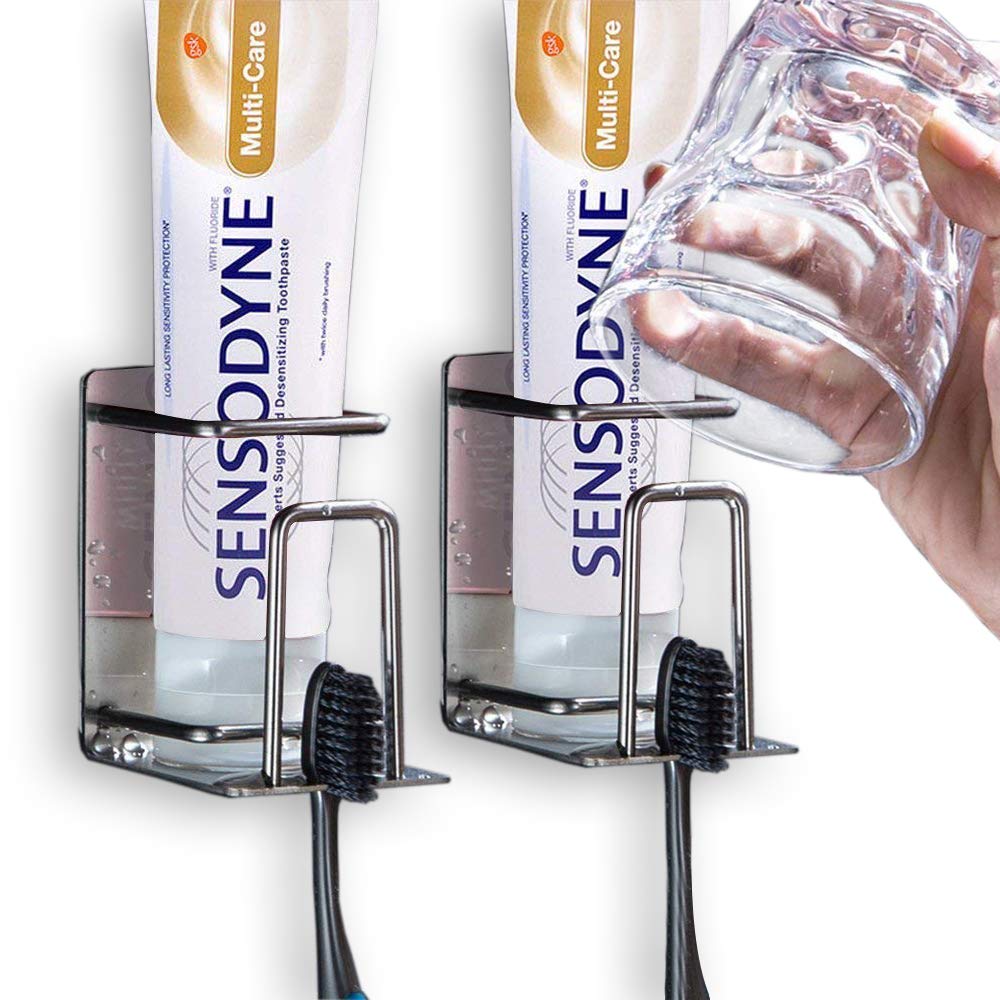 Hanze 2 Pack Toothbrush Holder 304 Stainless Steel Adhesive Wall Mounted 3 In 1 With Toothbrush Holder Toothpaste Holder And Cup
