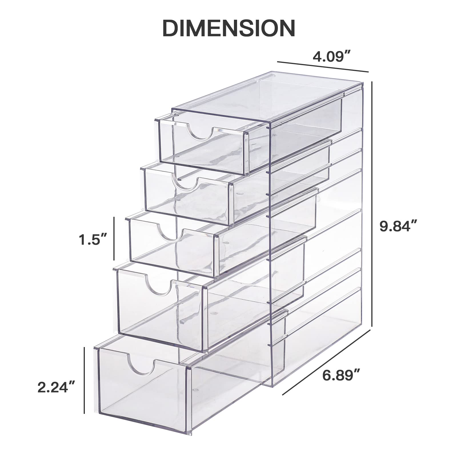 FABROK Clear Hair Accessory Organizer Box with 5 Drawers, Compact Storage Organization Drawers Set for Cosmetics, Glasses, Stati
